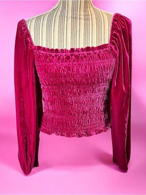 Anthropologie Smocked Velvet Long-Sleeve Top - Fuchsia